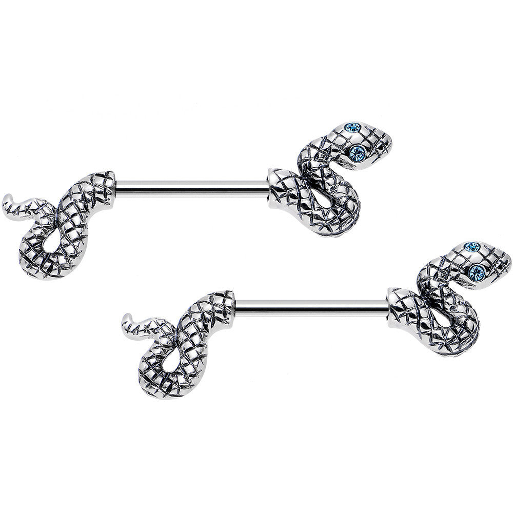 As non piercing serpent nipple rings in silver with blue